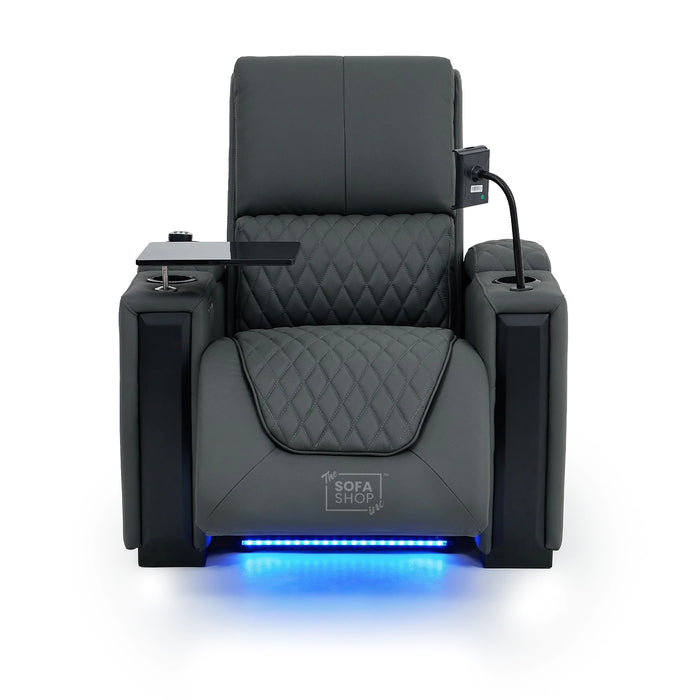 1 Seat Real Leather Electric Recliner Home Cinema Chair in Grey With Massage + Low Heated Lumbar + Cup Holders + Storage Compartments | Assisi