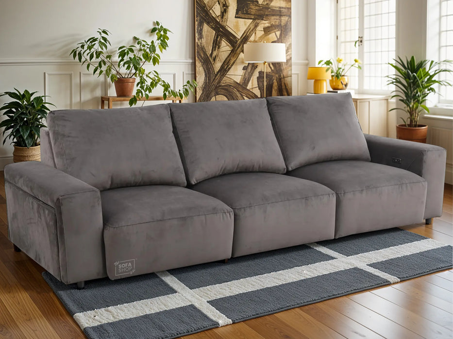 Extendable Electric Sofa - Bed in Grey Velvet Fabric | 3 Independant Power Motion Seats Perfect for Cinema Room & Home Theatre | 3 Seater with Cupholder + USBc & Wireless Charging | Almeria