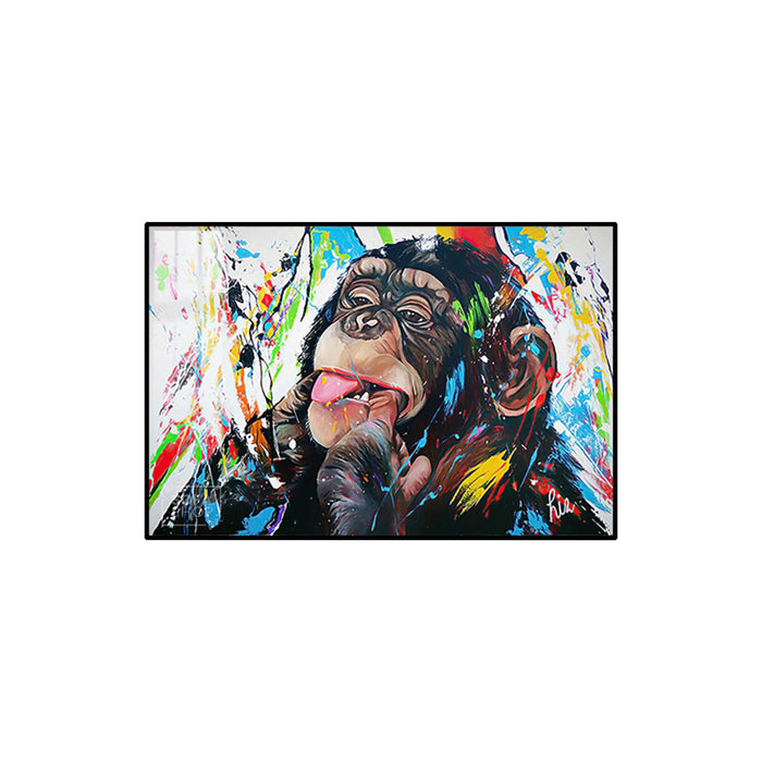 Colourful Chimp LED Canvas 150 x 100 cm | Graffiti Monkey Wall Art With Concealed LED Backlighting + Crystal-Porcelain Finish + Gold Or Black Frame | The Sofa Shop