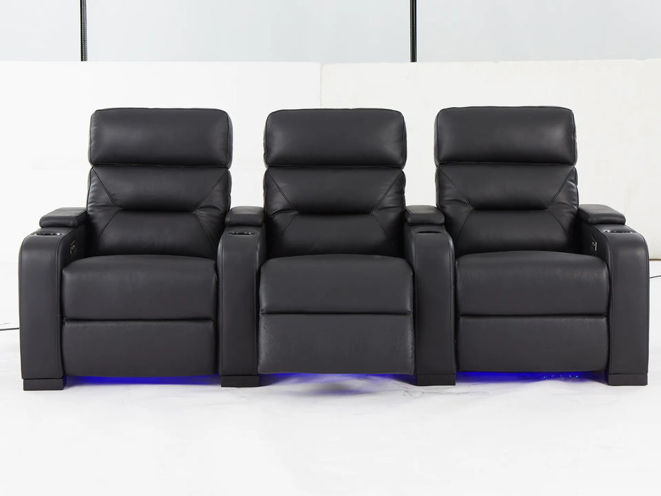 3 Seat Electric Recliner Home Cinema Theatre Sofa | Real Leather Couch in Black with Power Reclining, Power Headrests, LED Cup Holders & Storage Arms - 24