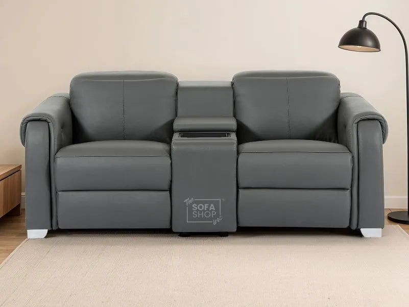 2 Seater Real Leather Electric Recliner Sofa | Cinema Sofa | Hi-Tech Sofa in Grey with Massage, Middle Console, Adjustable Headrests & USB | Turin