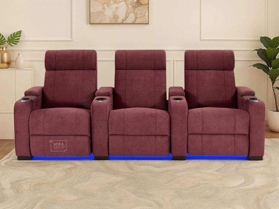 3 Seater Reclining Sofa with Electric Mechanism, Massage, USB Ports, Cup Holders, Storage Boxes & LED Lights | Purple Velvet Sofa | Rimini | The Sofa Shop