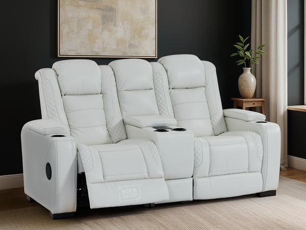 2 Seat Real Leather Electric Recliner Home Cinema Theatre Sofa | Couch In White + Cooling Cup Holders + Power Headrest + Bluetooth Speaker + Storage - Napoli Series One