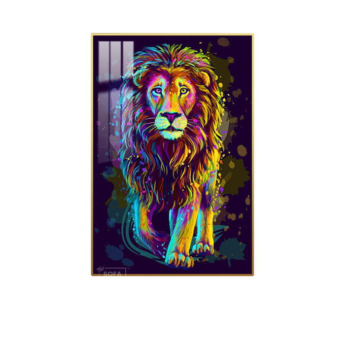Colourful Lion LED Canvas 100 x 150 cm Vertical | Pop Art Wall Art With White Halo Glow + Remote & Plug Control + Crystal-Porcelain Finish + Gold Or Black Alloy Frame | The Sofa Shop