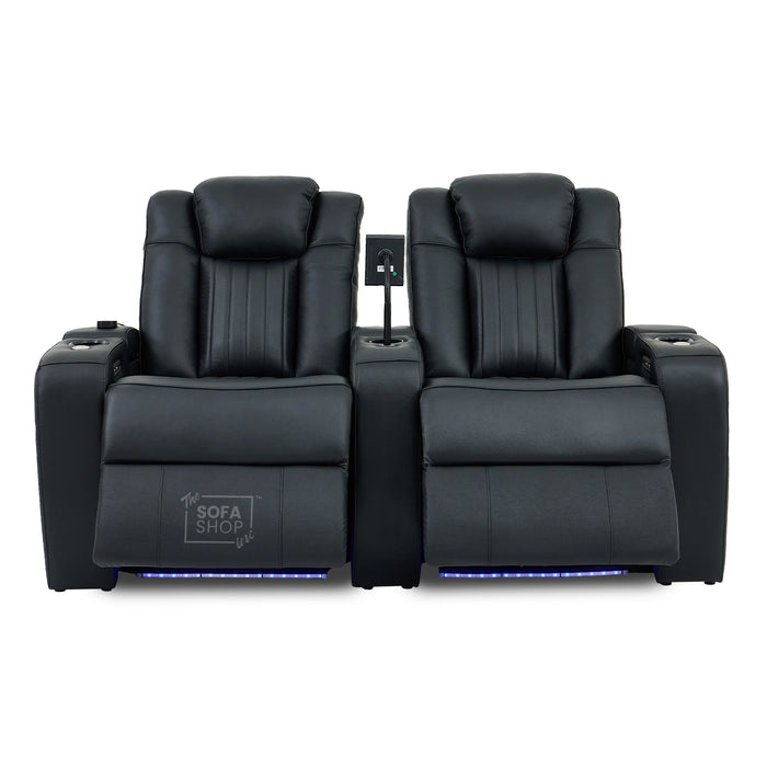 2 Seater Real Leather Power Reclining Cinema Sofa in Black with Console, USB Ports, Mild Heated Lumbar, Table, Cup Holders, Storage & Massage | Capri | The Sofa Shop