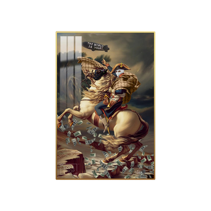 LED Conquest Canvas 100 x 150 cm Vertical | The World Is Yours Horse & Rider Wall Art With Adjustable LED Backlighting + Crystal-Porcelain Finish + Gold Or Black Frame | The Sofa Shop
