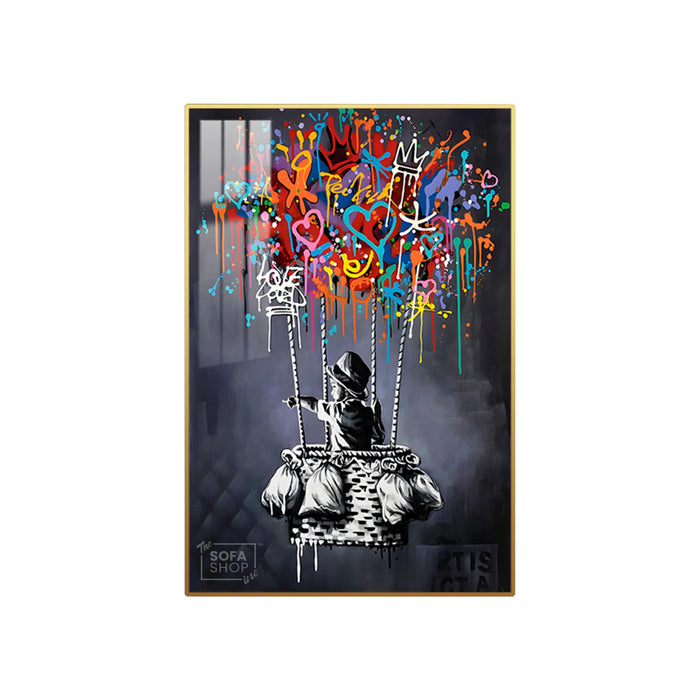 Dream Balloon LED Canvas 100 x 150 cm Vertical | Graffiti Hot Air Balloon Wall Art With Adjustable LED Glow + Crystal-Porcelain Finish + Gold Or Black Frame | The Sofa Shop