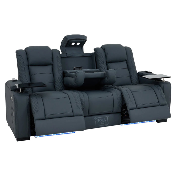 3 Seater Real Leather Electric Recliner Cinema Sofa in Blue | Massage & Heat, Bluetooth, Cooling Cup Holders, Tray Tables & Fold-Down Table | Napoli | The Sofa Shop