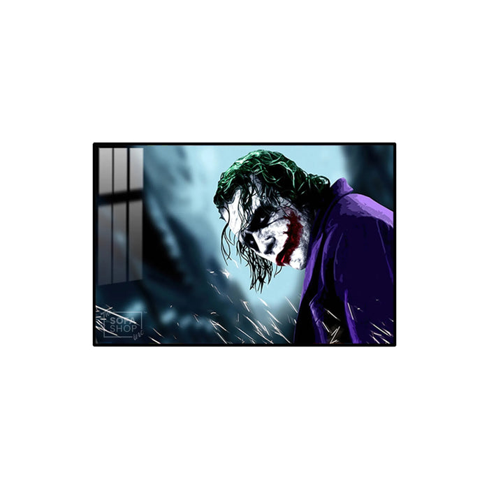 LED Joker Portrait Canvas 150 x 100 cm | Glow In The Dark Wall Art With 3 Lighting Modes + Crystal-Porcelain Finish + Gold Or Black Aluminium Frame | The Sofa Shop