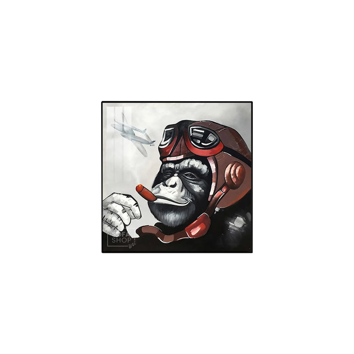Monkey Pilot LED Canvas 100 x 100 cm | Retro Pop Wall Art With Remote-Controlled LED Frame + Crystal-Porcelain Finish + Gold Or Black Aluminium Frame | The Sofa Shop