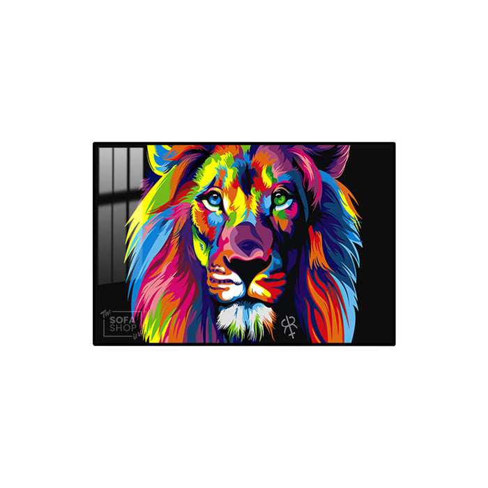 Colourful Lion Painting LED Canvas 150 x 100 cm | Pop Art Wall Art With 3 Brightness Modes + Remote Control + Crystal-Porcelain Finish + Gold Or Black Frame | The Sofa Shop