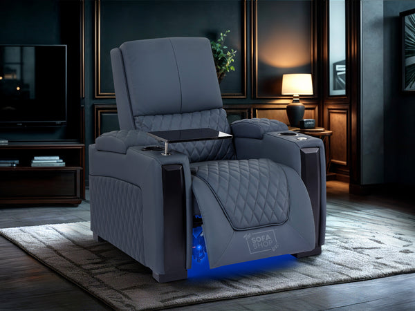 1 Seat Electric Recliner Chair Home Cinema Sofa | Genuine Leather Chair | Blue Leather + Electric Reclining for Full Relaxation + Table | Assisi | The Sofa Shop