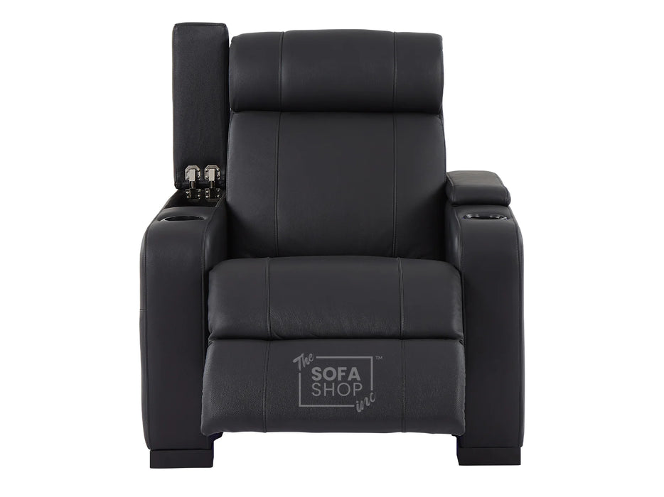 Electric Recliner Chair & Cinema Seat in Black Real Leather with USB, LED Lights and Chilled Cupholders - Rimini