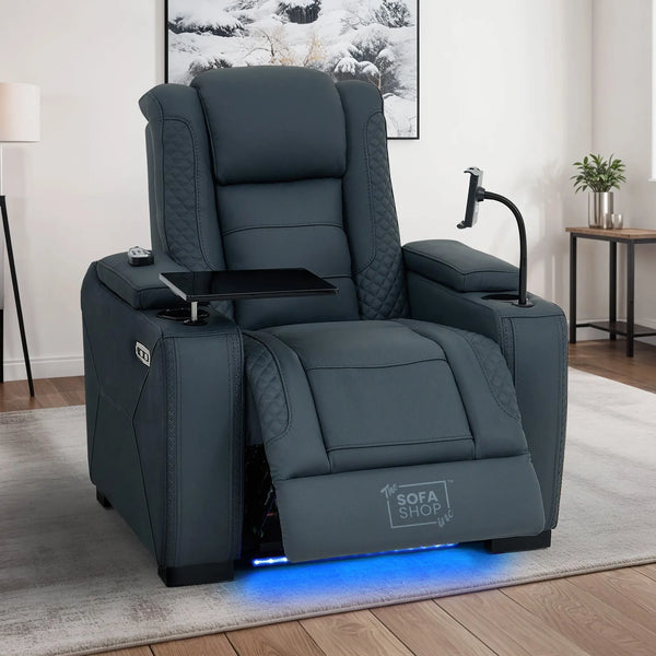 1 Seater Real Leather Electric Recliner Cinema Chair in Blue | Massage & Heat, Tray Table, Power Grommet & Cooling Cup Holder | Napoli | The Sofa Shop