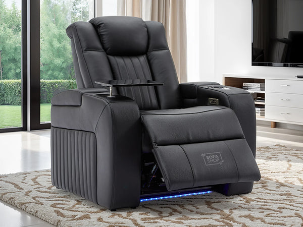 Electric Recliner Chair & Cinema Seat in Black Real Leather + Massage + Cup Holders + Table - Capri