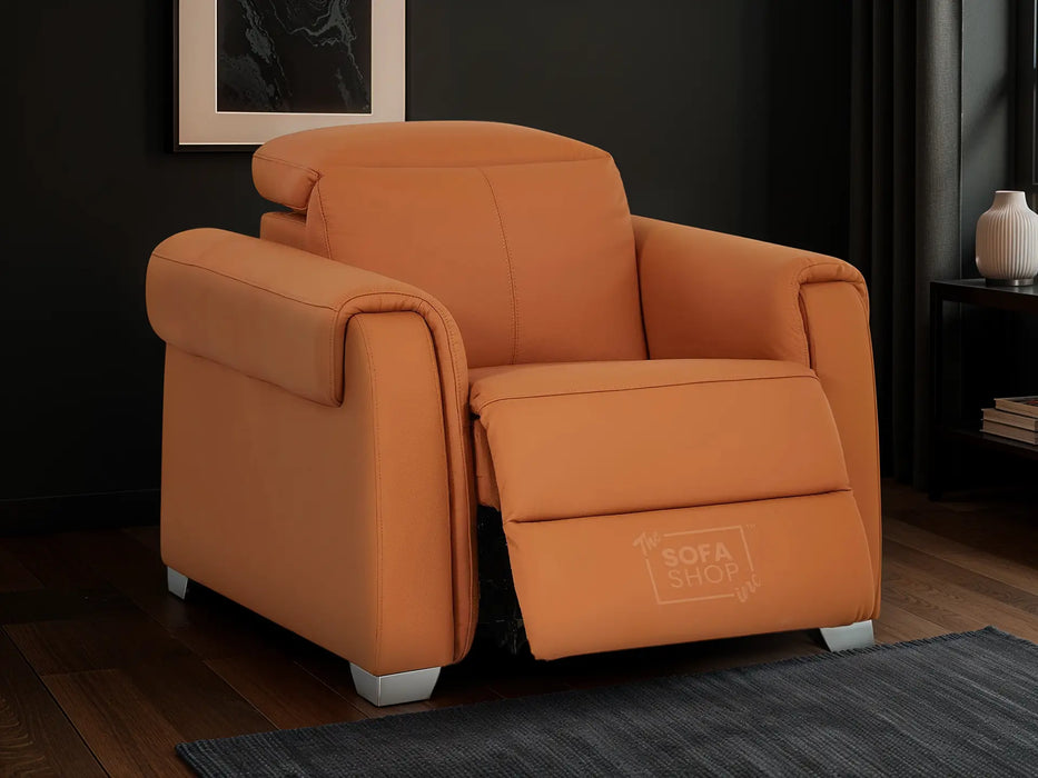 Real Leather Electric Recliner Chair In Orange | Hi-Tech Chair with Massage, Power Headrest + USB Charging Ports | Turin