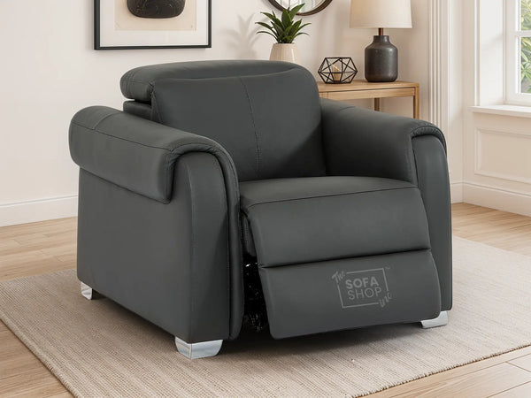 1 Seat Real Leather Electric Recliner Chair In Grey | Hi-Tech Chair with Power + USB + Adjustable Headrest | Turin Series One