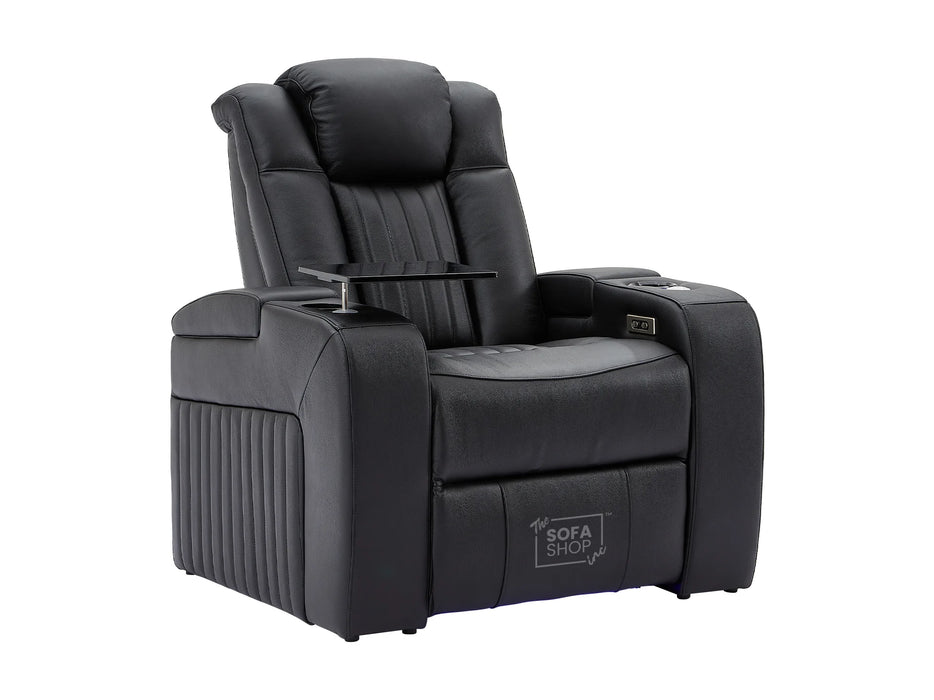 Electric Recliner Chair & Cinema Seat in Black Leather + Massage + Cup Holders + Table - Capri