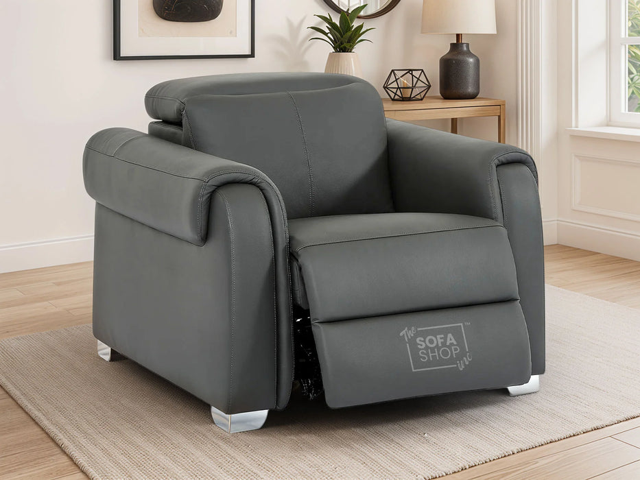 1 Seat Real Leather Electric Recliner Chair In Grey | Hi-Tech Chair with Power + Massage + USB + Adjustable Headrest | Turin Series Two