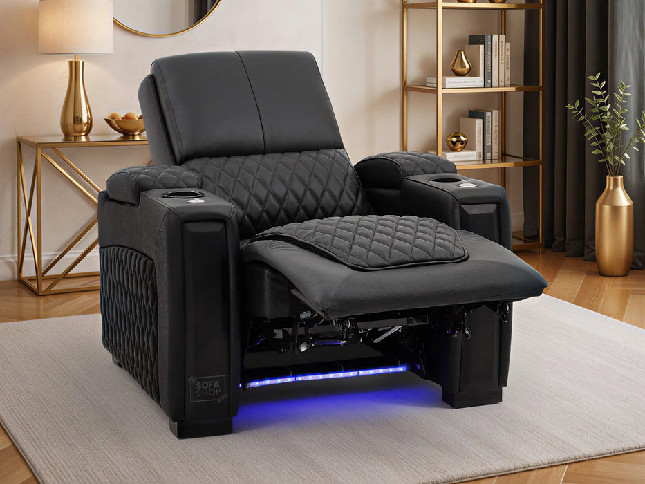1 Seat Real Leather Electric Recliner Chair in Black With Massage + Cup Holders + Storage Compartments | Sofa Sale | Assisi Series One