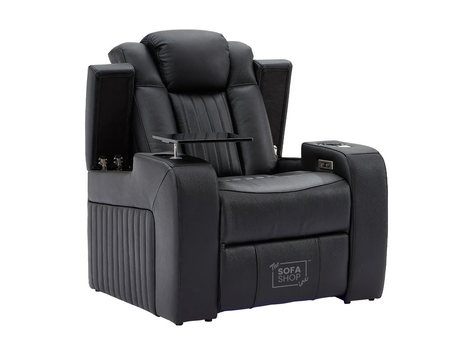 Electric Recliner Chair & Cinema Seat in Black Leather + Massage + Cup Holders + Table - Capri