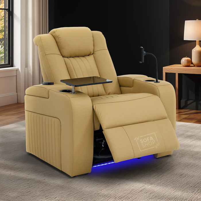 Real Leather Electric Recliner Cinema Chair in Tan | Hi-Tech Power Chair with USB Charging, Heating, Cup Holders, Storage, LED Lights & Massage | Capri | The Sofa Shop