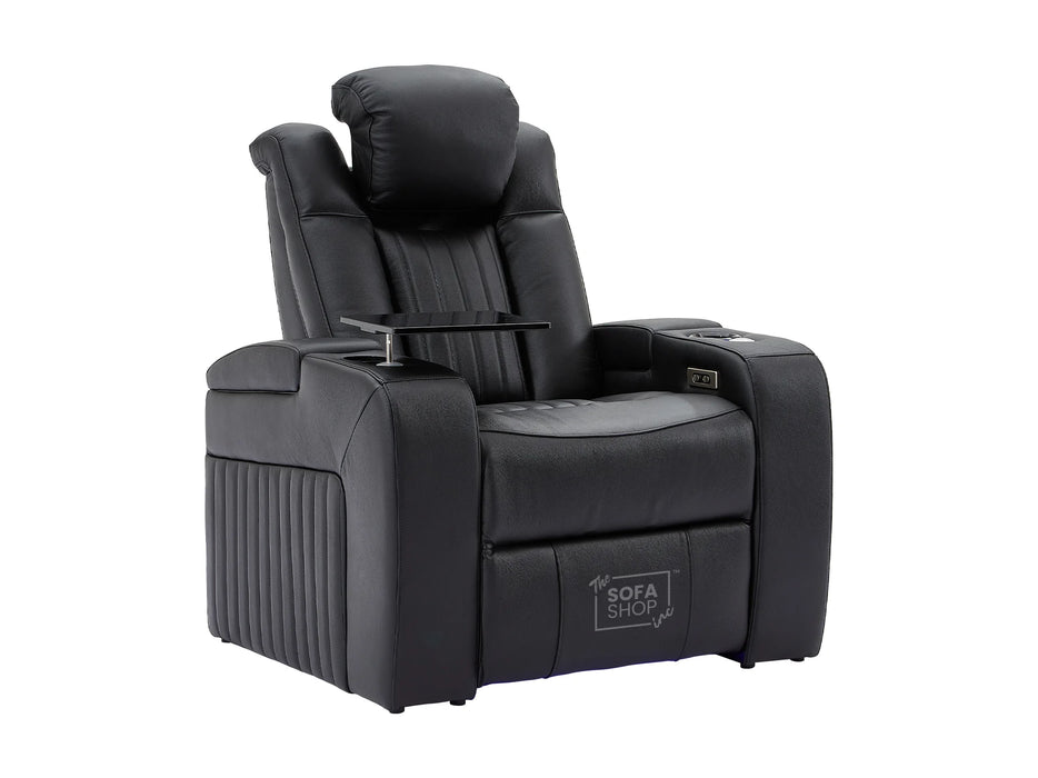 Electric Recliner Chair & Cinema Seat in Black Leather + Massage + Cup Holders + Table - Capri