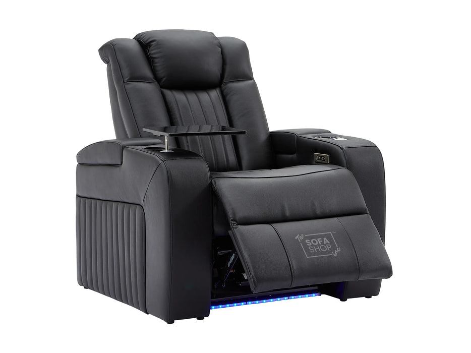 Electric Recliner Chair & Cinema Seat in Black Leather + Massage + Cup Holders + Table - Capri