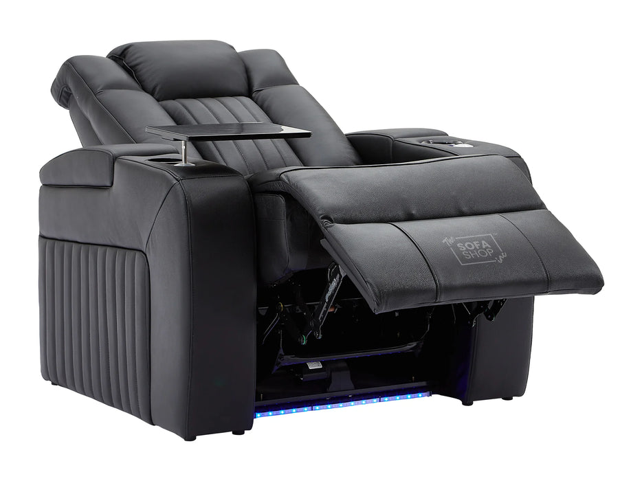 Electric Recliner Chair & Cinema Seat in Black Leather + Massage + Cup Holders + Table - Capri