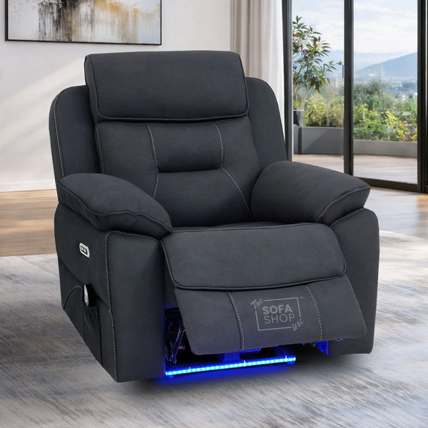 1 Seat Electric Recliner Chair Home Cinema Sofa | Fabric Chair In Charcoal Grey | Hi-Tech Chair with Massage, Heating, Padded Armrests, Led Lights, USB & Power Headrest | Florence