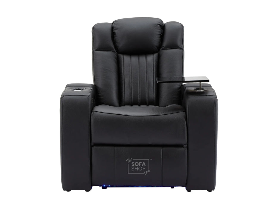 Electric Recliner Chair & Cinema Seat in Black Leather + Massage + Cup Holders + Table - Capri