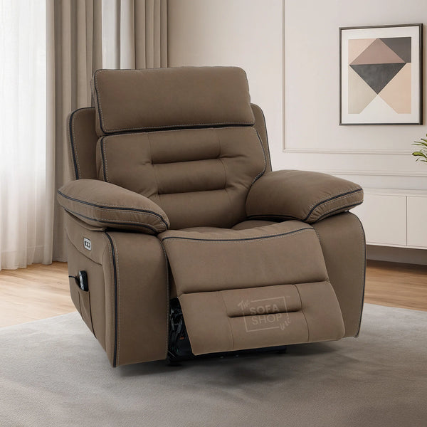 1 Seater Electric Recliner Armchair in Brown Fabric | Power Recliner with USB Button, Power Headrest & Massage | Tuscany | The Sofa Shop