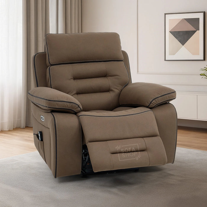 1 Seater Electric Recliner Armchair in Brown Fabric | Power Recliner with USB Button, Power Headrest & Massage | Tuscany | The Sofa Shop