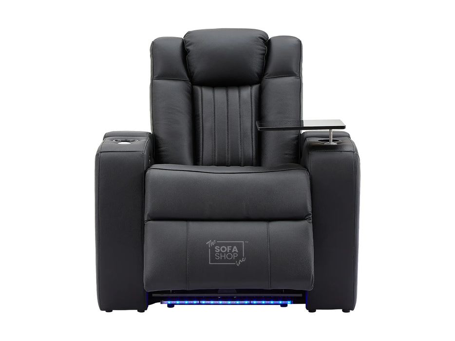 Electric Recliner Chair & Cinema Seat in Black Leather + Massage + Cup Holders + Table - Capri