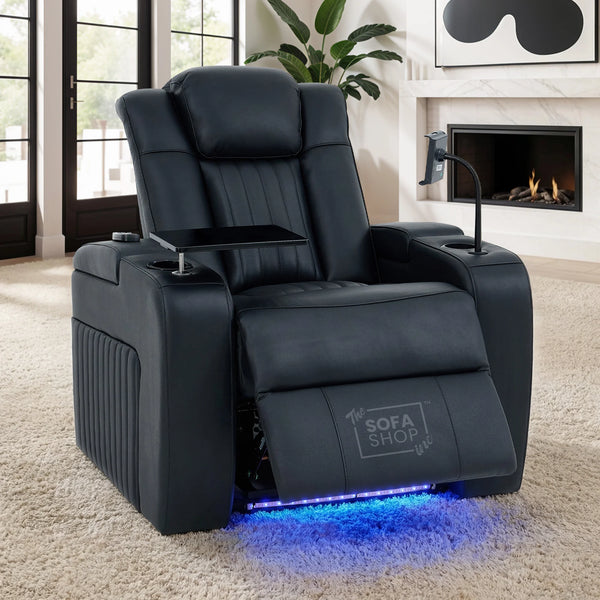 Real Leather Cinema Recliner Chair In Black | Power Seat with USB Charging, Heating, Electric Reclining, Massage & Table | Capri