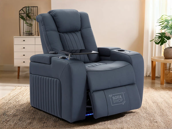 Electric Recliner Chair & Cinema Seat in Blue Real Leather + Massage + Cup Holders + Table - Capri