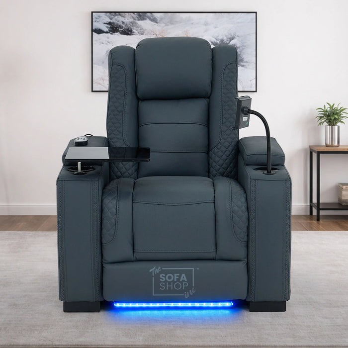 1 Seater Real Leather Electric Recliner Cinema Chair in Blue | Massage & Heat, Tray Table, Power Grommet & Cooling Cup Holder | Napoli | The Sofa Shop