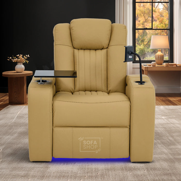 Real Leather Electric Recliner Cinema Chair in Tan | Hi-Tech Power Chair with USB Charging, Heating, Cup Holders, Storage, LED Lights & Massage | Capri | The Sofa Shop