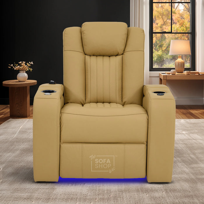Real Leather Electric Recliner Cinema Chair in Tan | Hi-Tech Power Chair with USB Charging, Heating, Cup Holders, Storage, LED Lights & Massage | Capri | The Sofa Shop