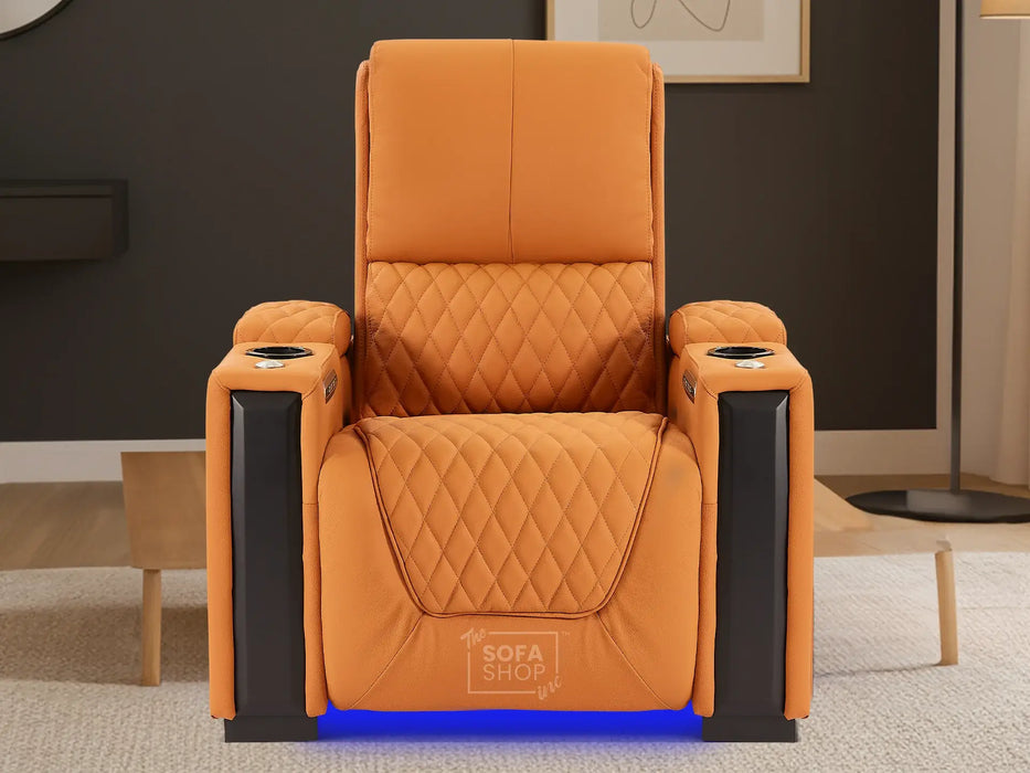 1 Seat Real Leather Electric Recliner Chair Home Cinema Sofa in Orange with LED Cup Holders + Compact, Space Saving Design & Lumbar Support | Assisi