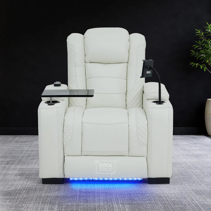 1 Seater Real Leather Electric Recliner Cinema Chair in White | Massage & Heat, Tray Table, Power Grommet & Cooling Cup Holder | Napoli | The Sofa Shop