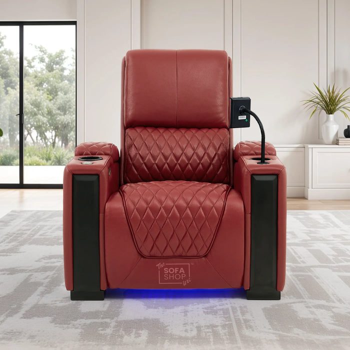 1 Seat Real Leather Electric Recliner Chair Home Cinema Sofa In Red with Massage, LED Cup Holders  & Low Heated Lumbar | Assisi