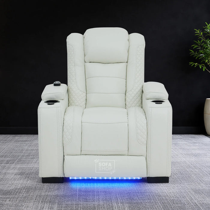 1 Seater Real Leather Electric Recliner Cinema Chair in White | Massage & Heat, Tray Table, Power Grommet & Cooling Cup Holder | Napoli | The Sofa Shop