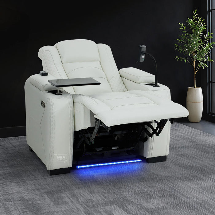 1 Seater Real Leather Electric Recliner Cinema Chair in White | Massage & Heat, Tray Table, Power Grommet & Cooling Cup Holder | Napoli | The Sofa Shop