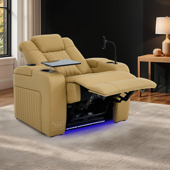 Real Leather Electric Recliner Cinema Chair in Tan | Hi-Tech Power Chair with USB Charging, Heating, Cup Holders, Storage, LED Lights & Massage | Capri | The Sofa Shop