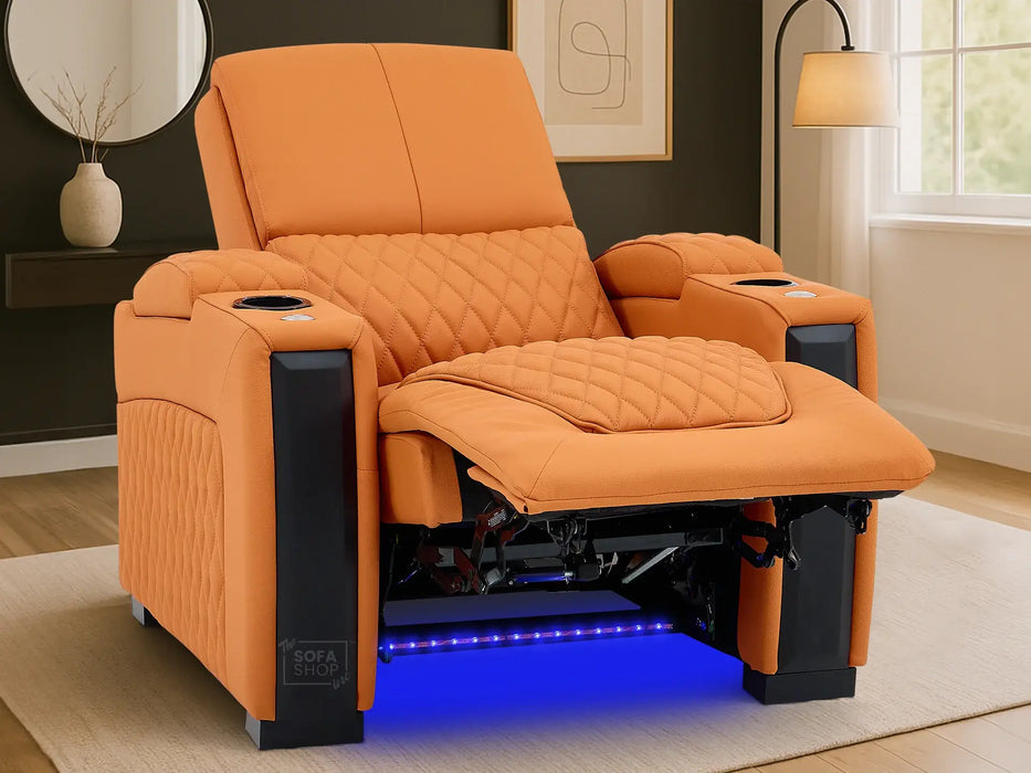 1 Seat Real Leather Electric Recliner Chair Home Cinema Sofa in Orange with LED Cup Holders + Compact, Space Saving Design & Lumbar Support | Assisi