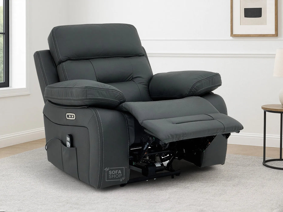 Electric Recliner Chair In Grey Real Leather | Hi-Tech Cinema Seat with Power Headrest, Massage, Power Recliner & USB Charging Button | Grey Real Leather | Sicily