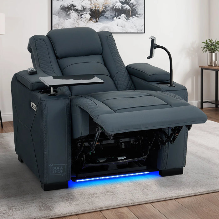 1 Seater Real Leather Electric Recliner Cinema Chair in Blue | Massage & Heat, Tray Table, Power Grommet & Cooling Cup Holder | Napoli | The Sofa Shop