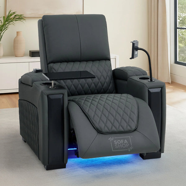 1 Seat Real Leather Electric Recliner Home Cinema Chair in Grey With Massage + Low Heated Lumbar + Cup Holders + Storage Compartments | Assisi