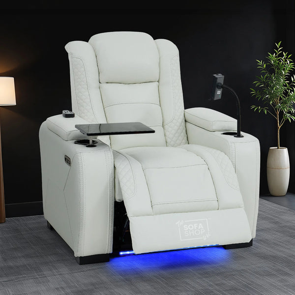 1 Seater Real Leather Electric Recliner Cinema Chair in White | Massage & Heat, Tray Table, Power Grommet & Cooling Cup Holder | Napoli | The Sofa Shop